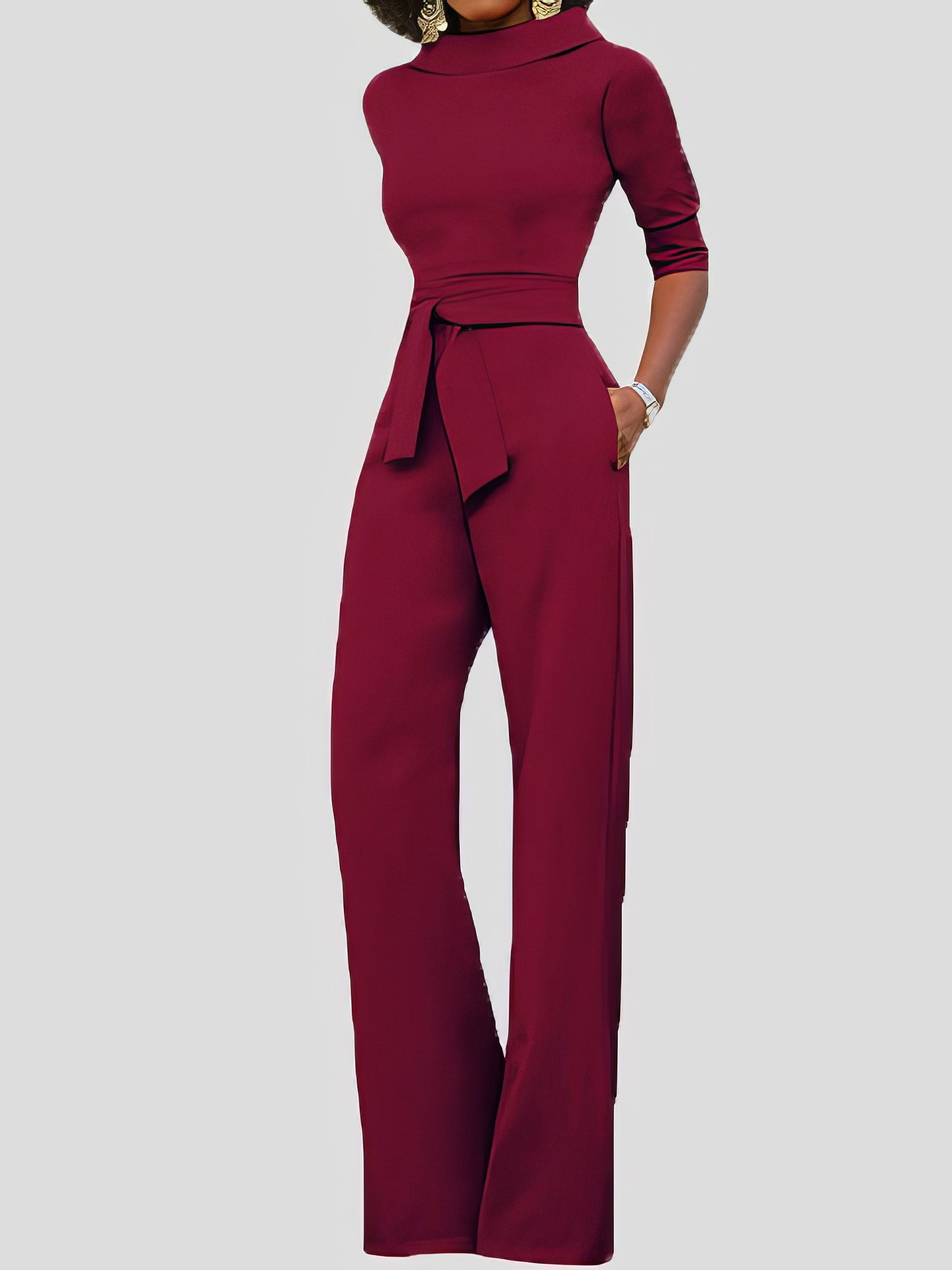 Jumpsuits Solid Five-Point Sleeve Belted Wide-Leg Jumpsuit - LuckyFash™