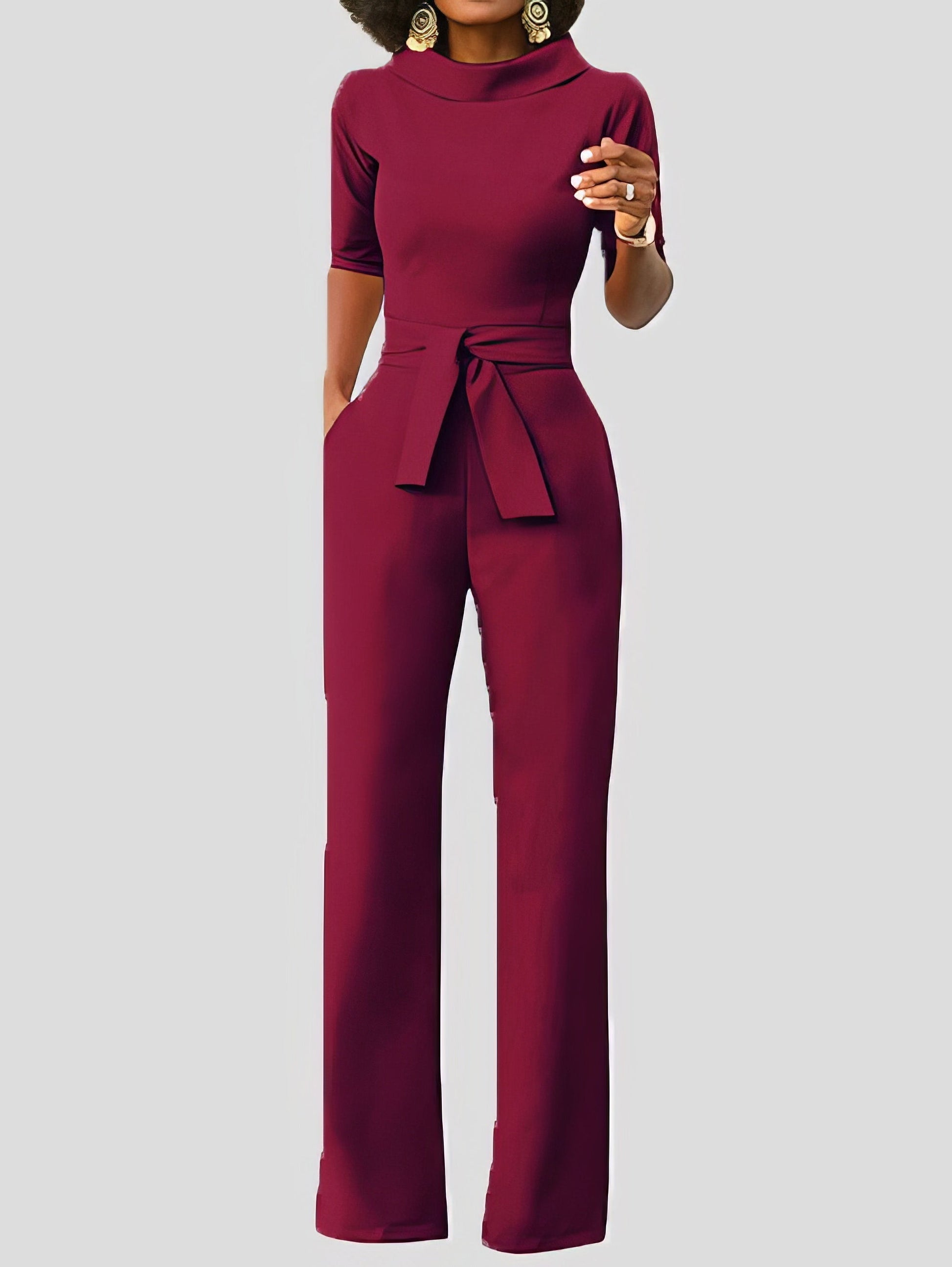 Jumpsuits Solid Five-Point Sleeve Belted Wide-Leg Jumpsuit - LuckyFash™