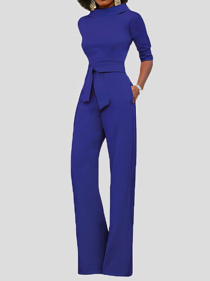 Jumpsuits Solid Five-Point Sleeve Belted Wide-Leg Jumpsuit - LuckyFash™