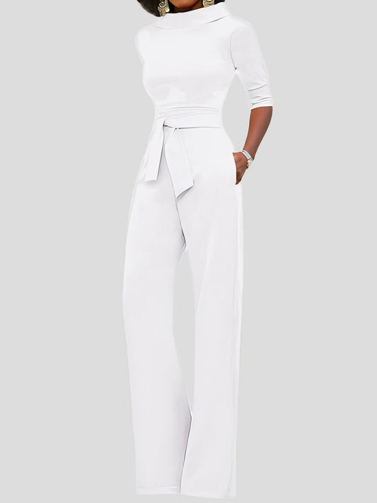 Jumpsuits Solid Five-Point Sleeve Belted Wide-Leg Jumpsuit - LuckyFash™