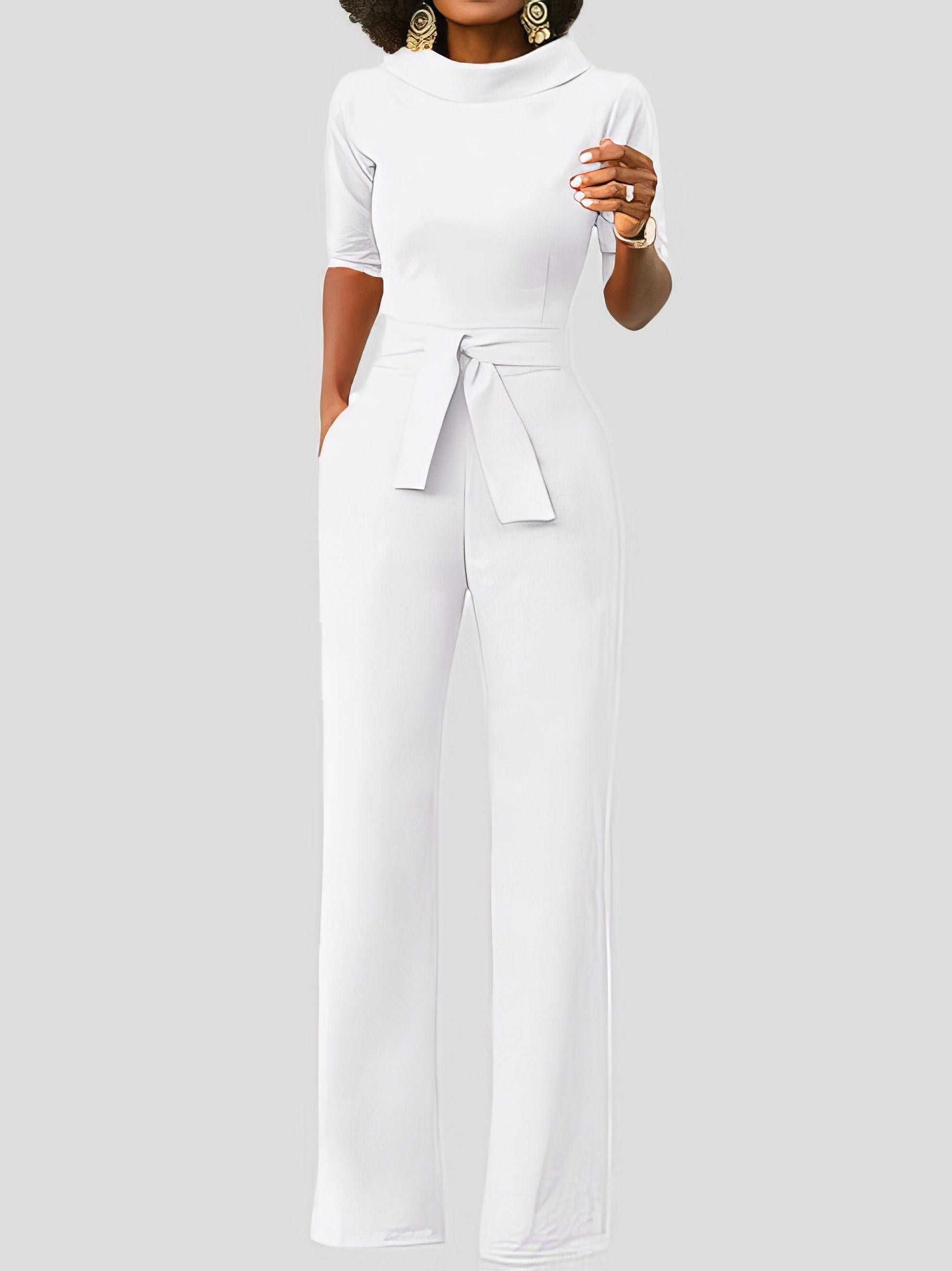 Jumpsuits Solid Five-Point Sleeve Belted Wide-Leg Jumpsuit - LuckyFash™