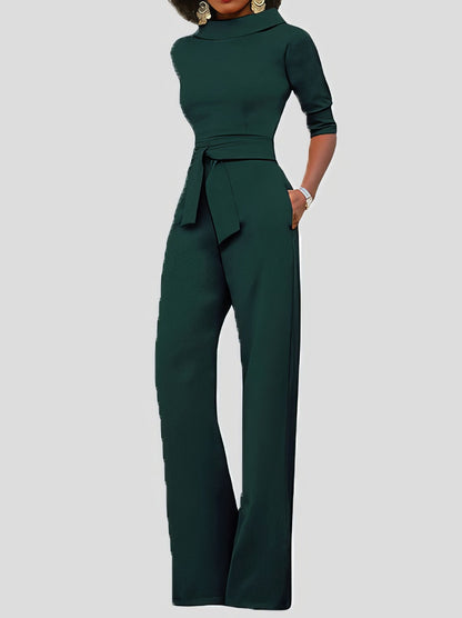 Jumpsuits Solid Five-Point Sleeve Belted Wide-Leg Jumpsuit - LuckyFash™