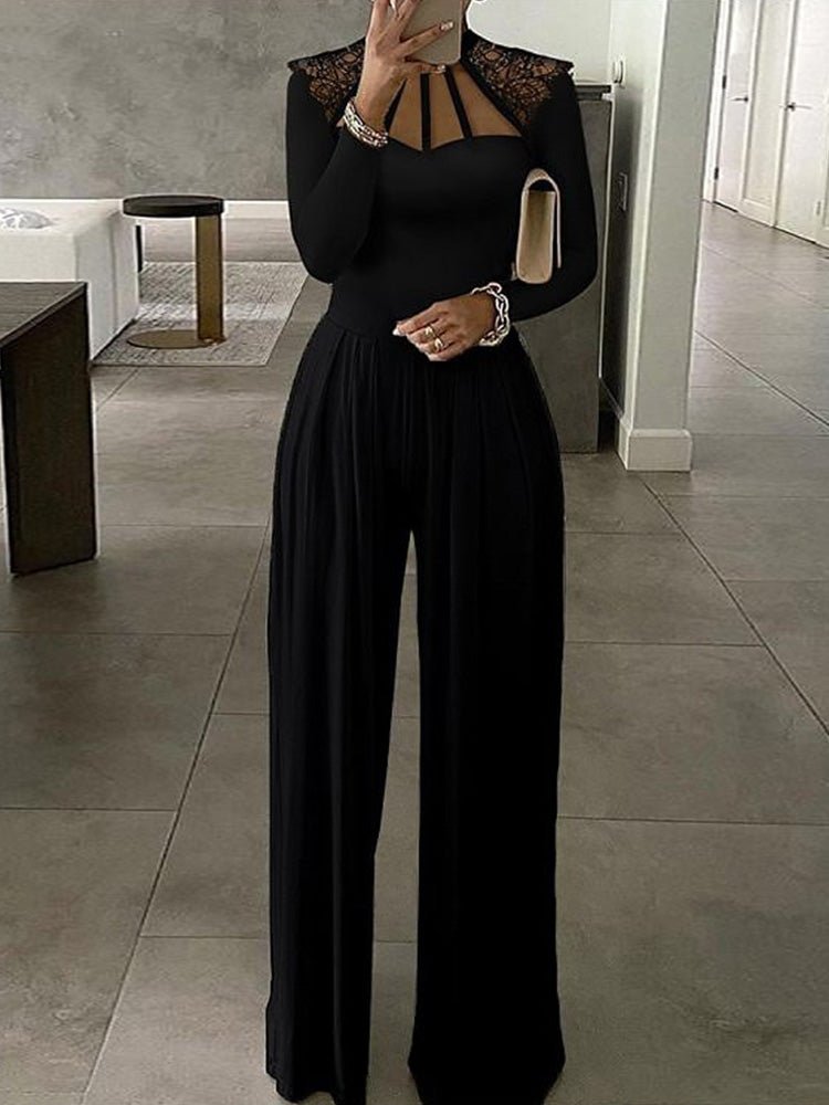 Jumpsuits Solid Lace Panel Long Sleeve Wide Leg Jumpsuit - LuckyFash™