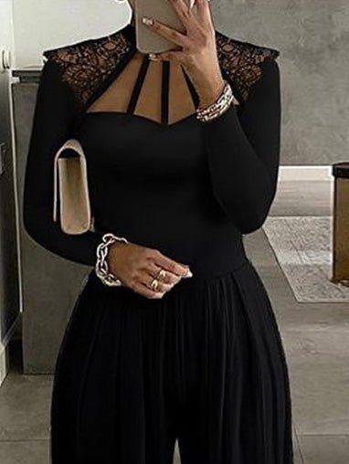 Jumpsuits Solid Lace Panel Long Sleeve Wide Leg Jumpsuit - LuckyFash™