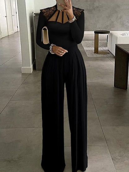 Jumpsuits Solid Lace Panel Long Sleeve Wide Leg Jumpsuit - LuckyFash™