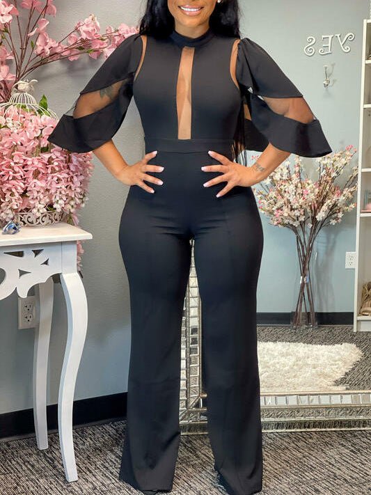 Jumpsuits Solid Mesh Panel Irregular Sleeve Jumpsuit - LuckyFash™