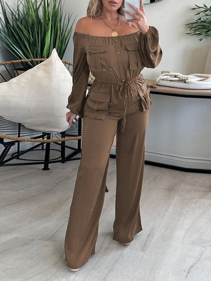 Jumpsuits Solid One Shoulder Long Sleeve Cargo Jumpsuit - LuckyFash™