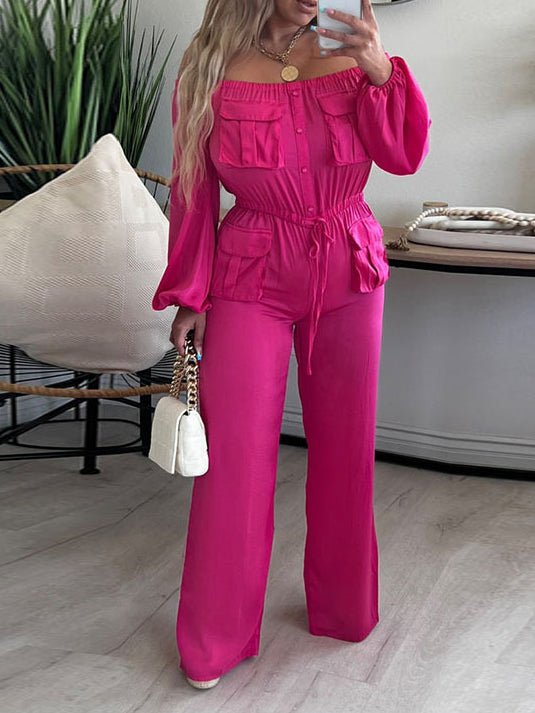 Jumpsuits Solid One Shoulder Long Sleeve Cargo Jumpsuit - LuckyFash™