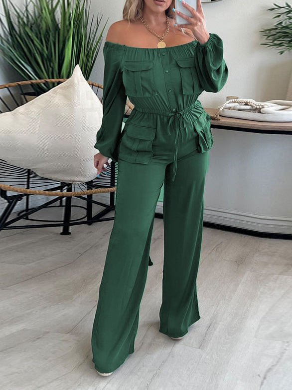 Jumpsuits Solid One Shoulder Long Sleeve Cargo Jumpsuit - LuckyFash™