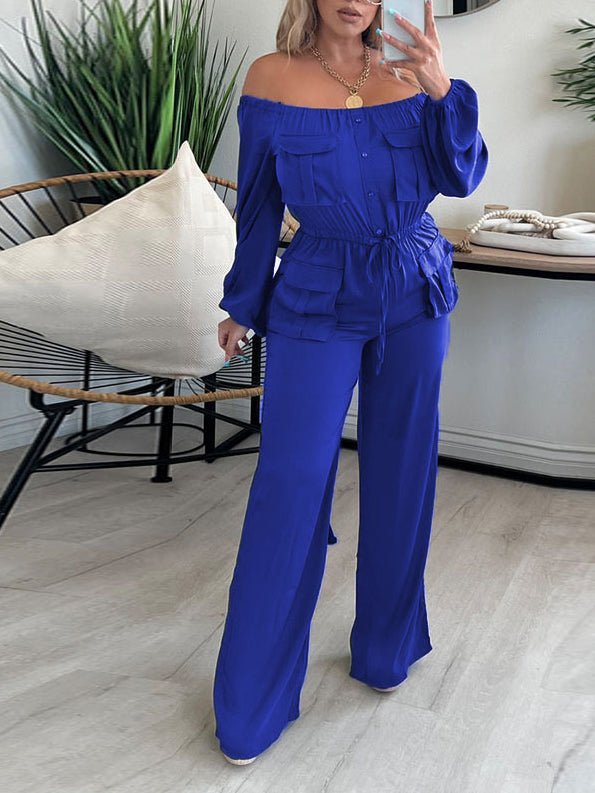 Jumpsuits Solid One Shoulder Long Sleeve Cargo Jumpsuit - LuckyFash™