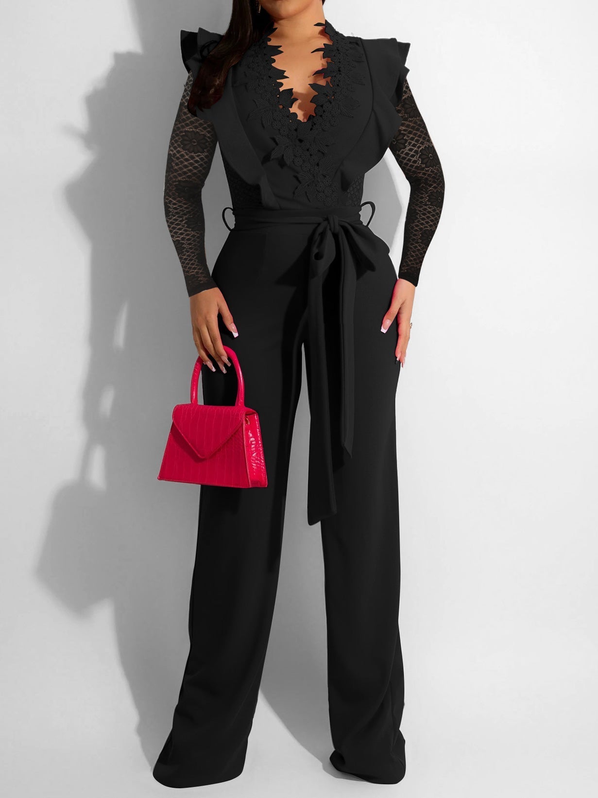 Jumpsuits V-Neck Lace Sheer Long Sleeve Slim Fit Jumpsuit - LuckyFash™