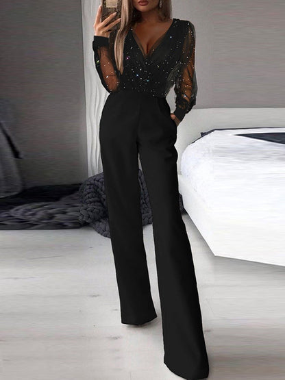 Jumpsuits V-Neck Mesh Stitching Long Sleeve Jumpsuit - LuckyFash™