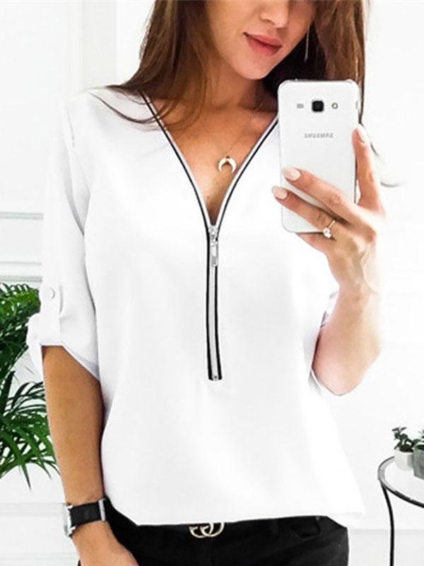 Womens Loose Fitting Zip Up Deep V Neck Long Sleeve T Shirts - LuckyFash™