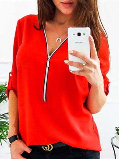 Womens Loose Fitting Zip Up Deep V Neck Long Sleeve T Shirts - LuckyFash™