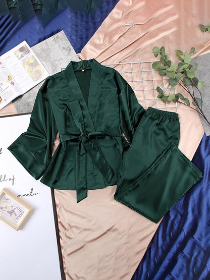 Women's Pajamas Long Sleeve Cardigan Lace Nightgown Loose Pants Pajama Set - LuckyFash™