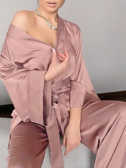 Women's Pajamas Long Sleeve Cardigan Lace Nightgown Loose Pants Pajama Set - LuckyFash™