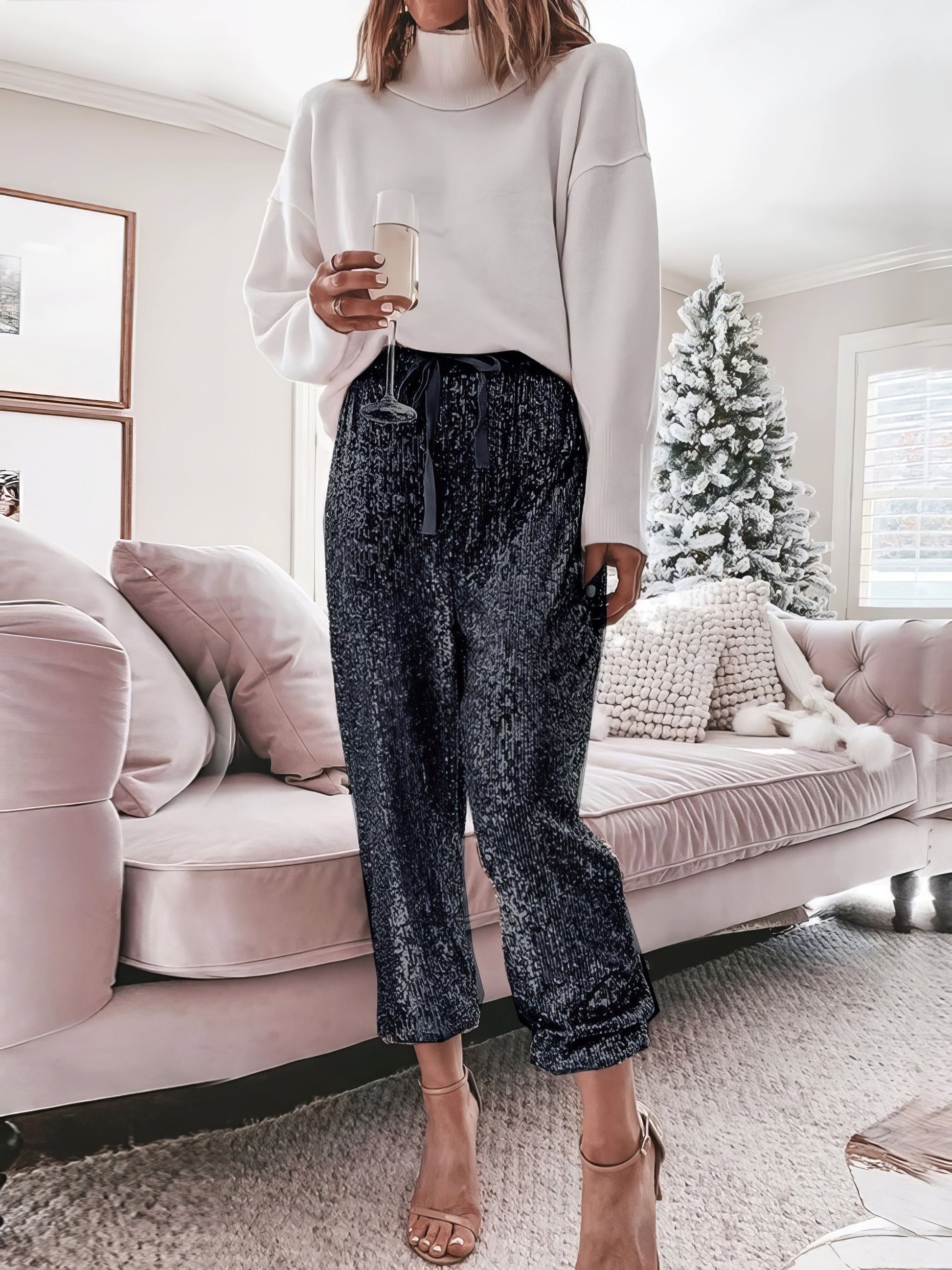 Pants Sequined Drawstring High Waisted Leggings Slacks - LuckyFash™