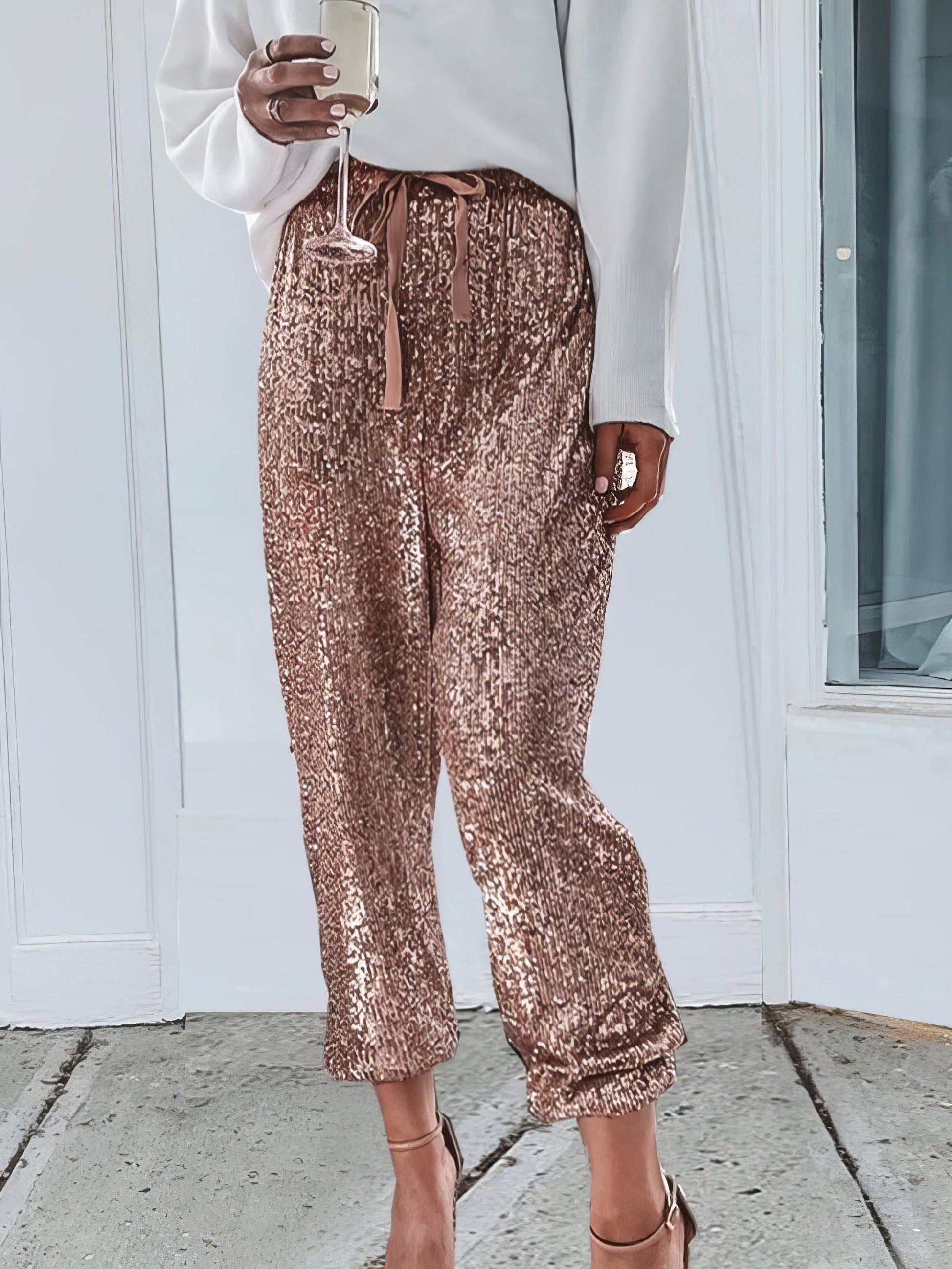 Pants Sequined Drawstring High Waisted Leggings Slacks - LuckyFash™