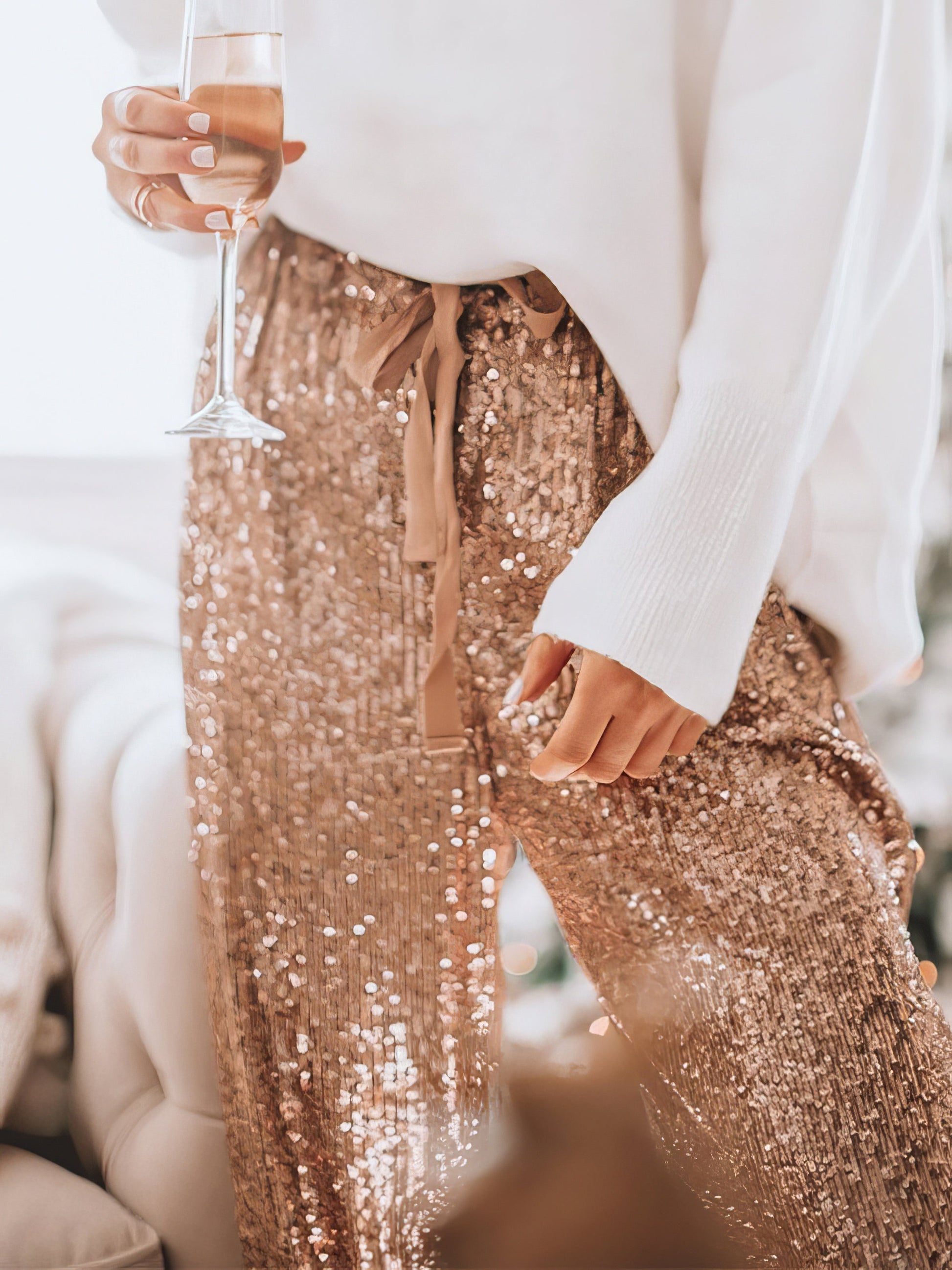 Pants Sequined Drawstring High Waisted Leggings Slacks - LuckyFash™