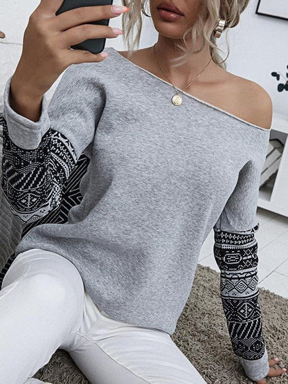 Pullover Long Sleeve Off-shoulder Print T-shirts - LuckyFash™