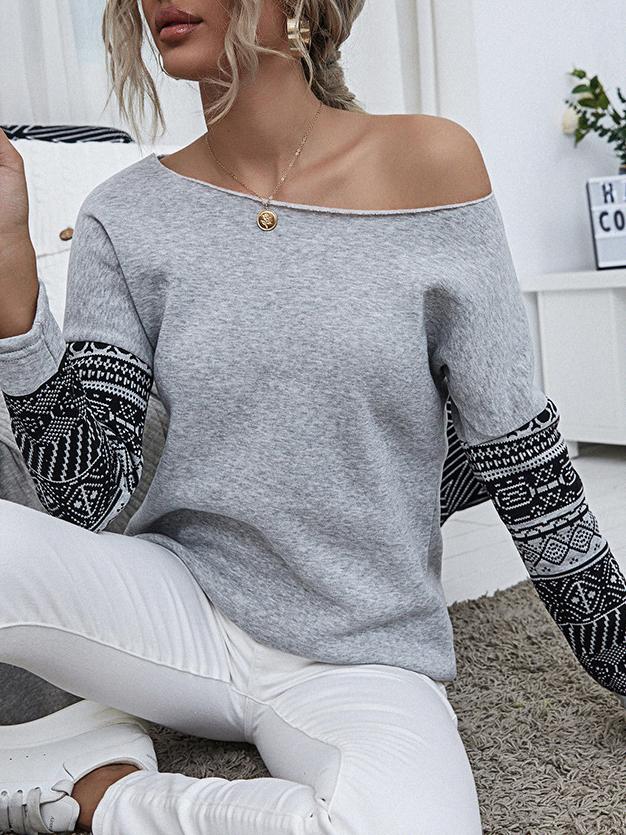 Pullover Long Sleeve Off-shoulder Print T-shirts - LuckyFash™