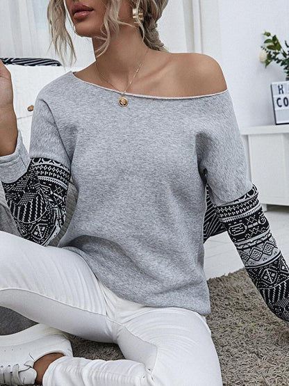 Pullover Long Sleeve Off-shoulder Print T-shirts - LuckyFash™