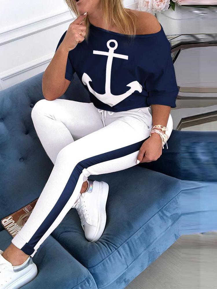 Women's Sets Anchor Print Long Sleeve T-Shirt & Trousers Two-Piece Suit - LuckyFash™