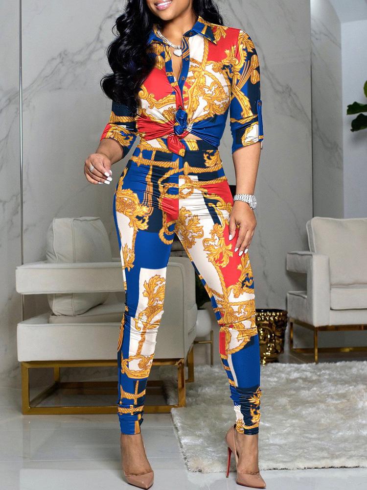 Women's Sets Colorblock Printed Long Sleeve Shirt & Pants Two-Piece Suit - LuckyFash™