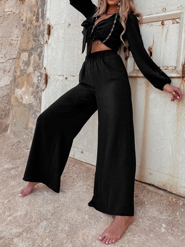 Sets Fashion Solid Tie Long Sleeve Two Piece Set - LuckyFash™