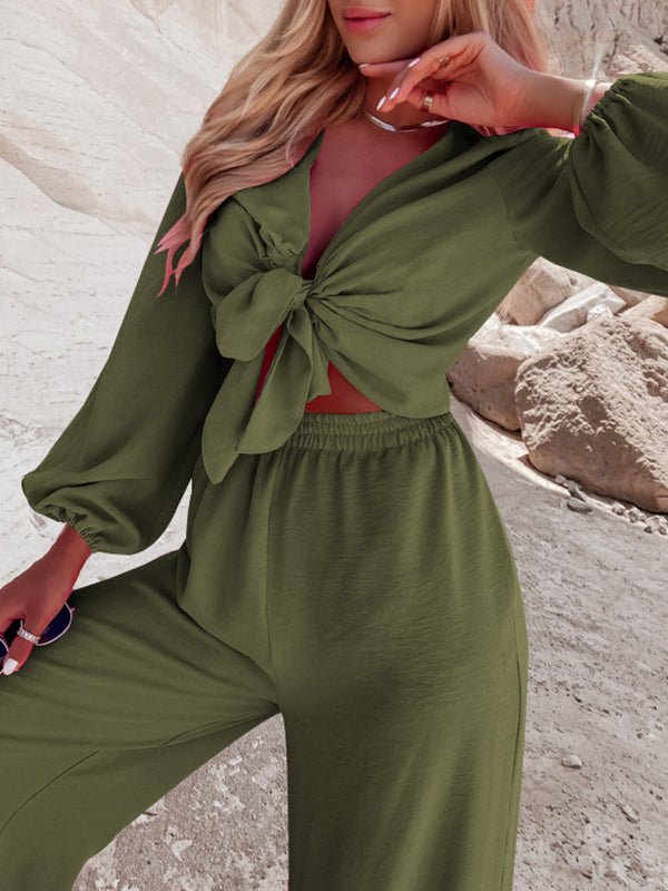 Sets Fashion Solid Tie Long Sleeve Two Piece Set - LuckyFash™