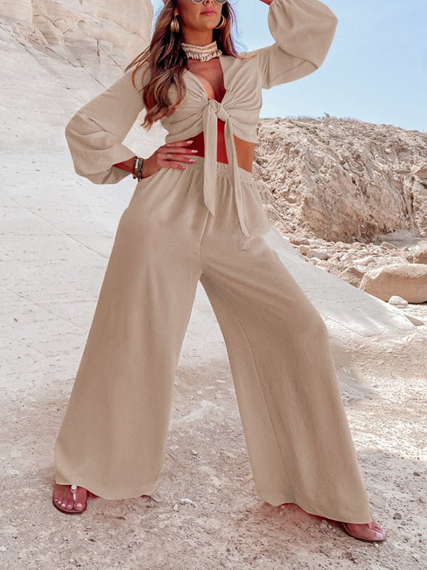 Sets Fashion Solid Tie Long Sleeve Two Piece Set - LuckyFash™