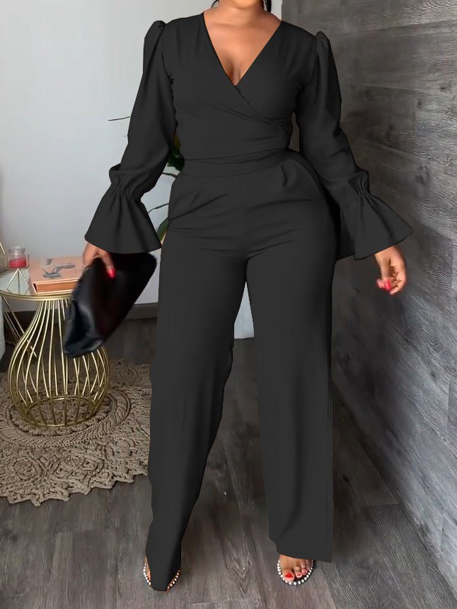 Women's Sets Flared Sleeve Lace-Up Top & Straight Pants Two Piece Set - LuckyFash™