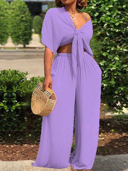 Women's Sets Lace-Up Short Sleeve Top & Wide Leg Pants Two Piece Set - LuckyFash™