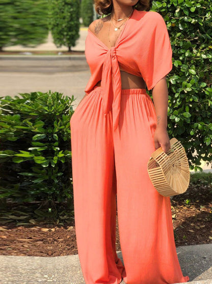 Women's Sets Lace-Up Short Sleeve Top & Wide Leg Pants Two Piece Set - LuckyFash™