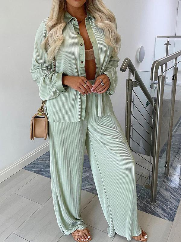 Sets Long Sleeve Shirt & Wide-Leg Pants Two-Piece Suit - LuckyFash™