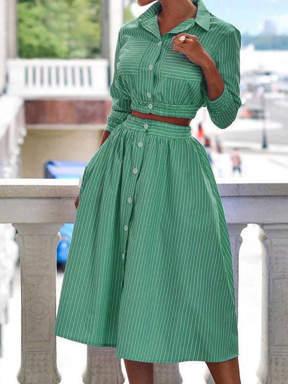 Women's Sets Long Sleeve Striped Shirt & Skirt Two-Piece Set - LuckyFash™