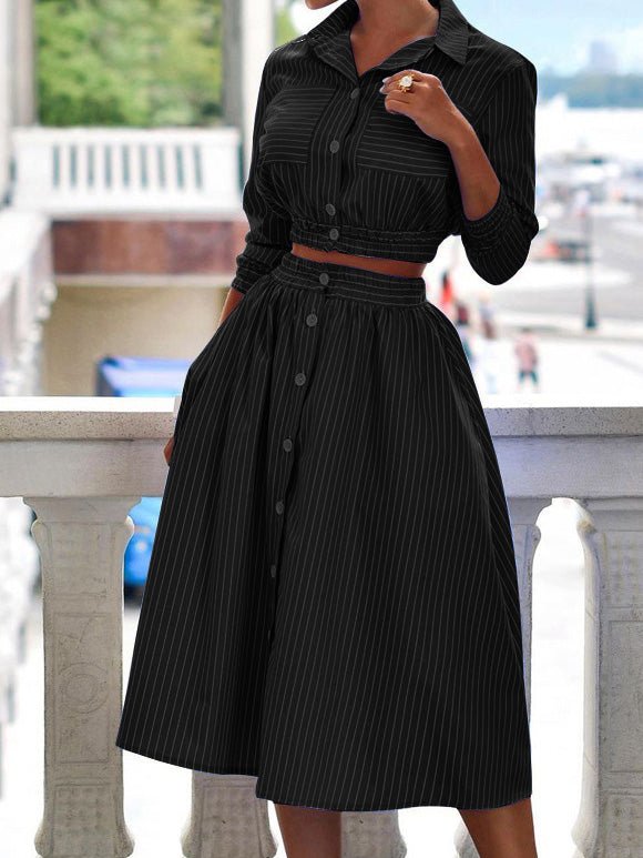 Women's Sets Long Sleeve Striped Shirt & Skirt Two-Piece Set - LuckyFash™