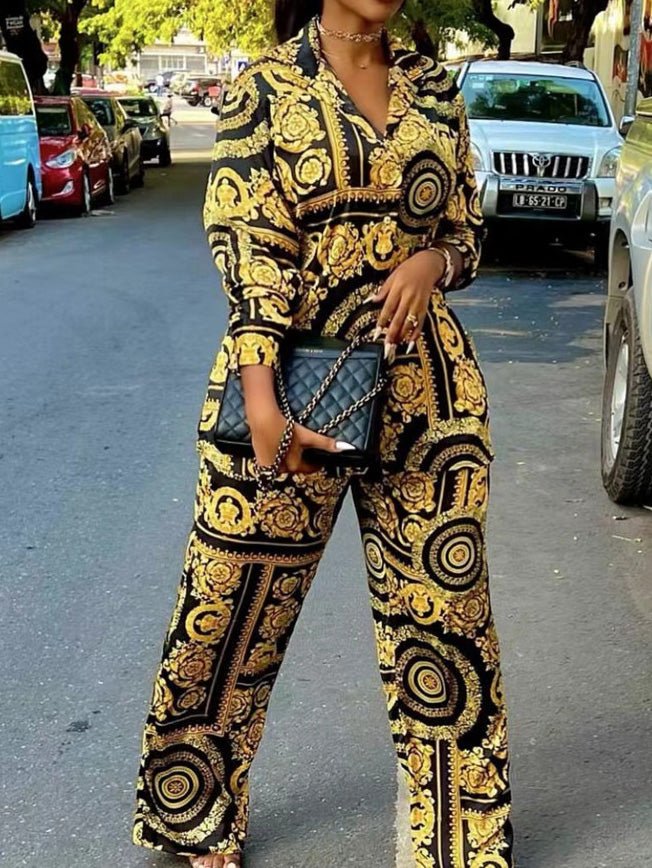 Women's Sets Printed Long Sleeve Shirt & Wide Leg Pants Two Piece Set - LuckyFash™