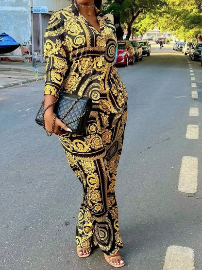 Women's Sets Printed Long Sleeve Shirt & Wide Leg Pants Two Piece Set - LuckyFash™