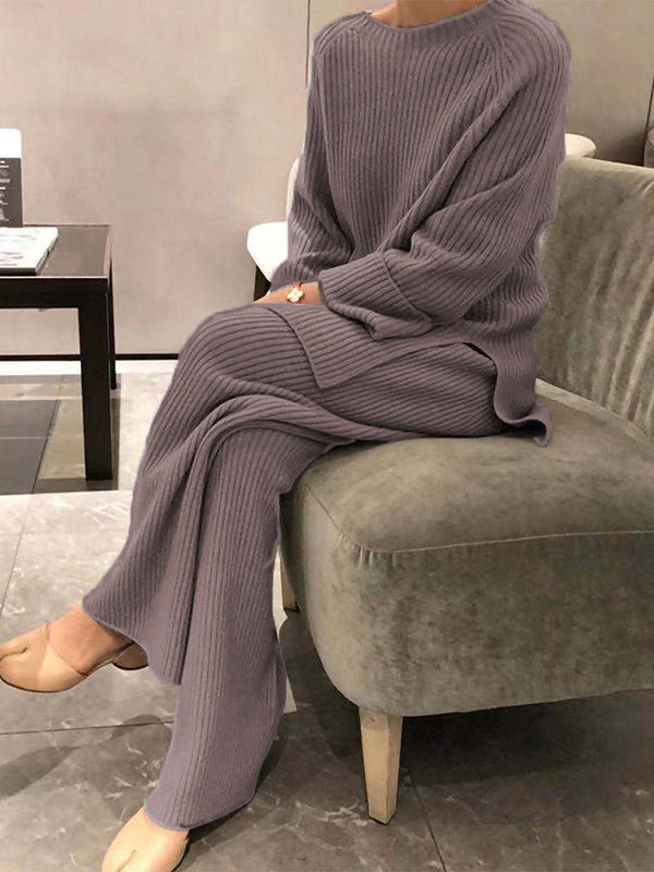 Sets Solid Knitted Long Sleeve Sweater Pants Casual Two-piece Suit - LuckyFash™