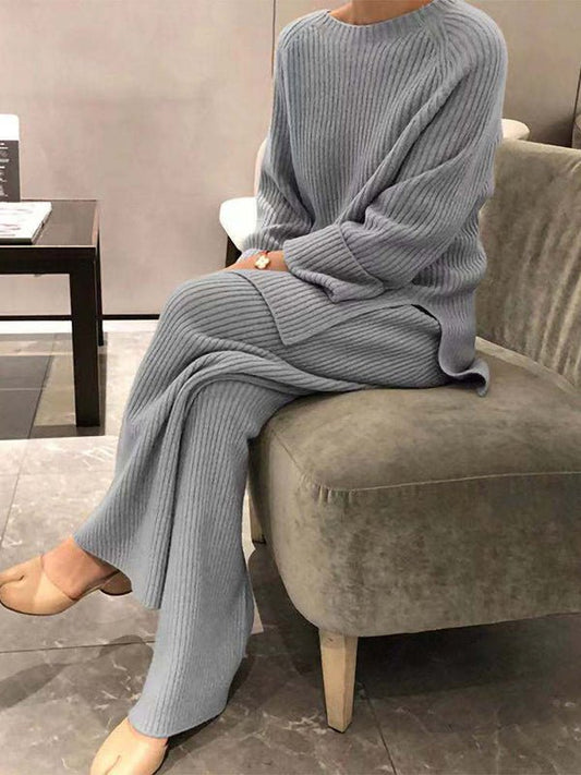 Sets Solid Knitted Long Sleeve Sweater Pants Casual Two-piece Suit - LuckyFash™