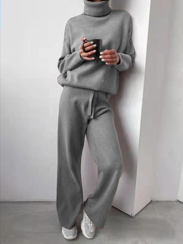 Sets Solid Turtleneck Top & Pants Knitted Two Piece Set - LuckyFash™