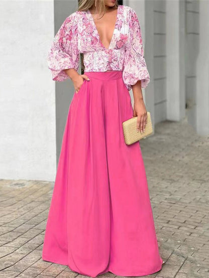 Women's Sets V-Neck Puff Sleeve Print Top & Wide Leg Pants Two-Piece Set - LuckyFash™