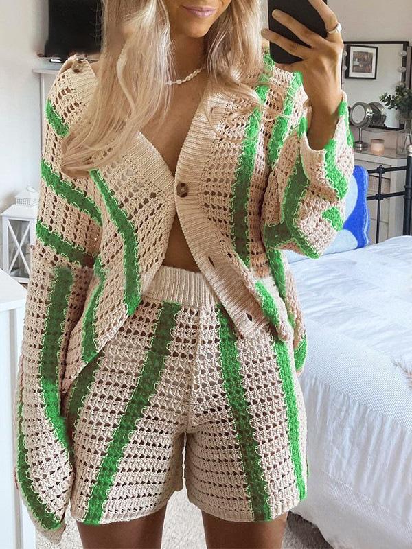 Women's Shorts Sweet Striped Hollow Knit Shorts - LuckyFash™