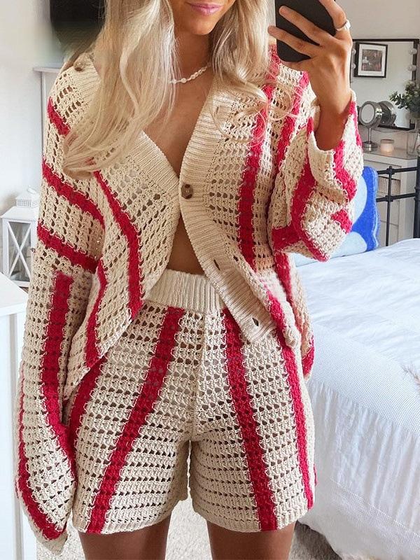 Women's Shorts Sweet Striped Hollow Knit Shorts - LuckyFash™