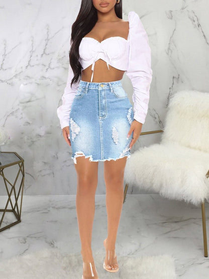 Women's Stretchy High Waist Butt-Lifting Bodycon Ripped Denim Skirt - LuckyFash™