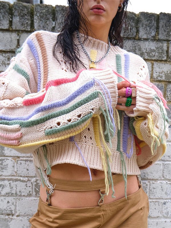 Sweaters Casual And Versatile Knitting Color Matching Tassel Sweater - LuckyFash™