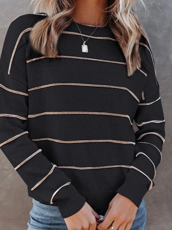 Women's Sweaters Casual Round Neck Striped Long Sleeve Sweater - LuckyFash™