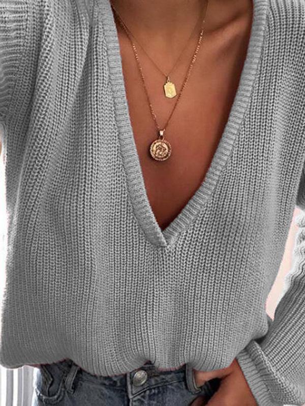 Sweaters Casual Solid V-Neck Long Sleeve Knitted Sweater - LuckyFash™