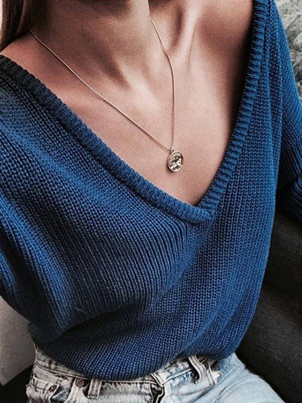 Sweaters Casual Solid V-Neck Long Sleeve Knitted Sweater - LuckyFash™